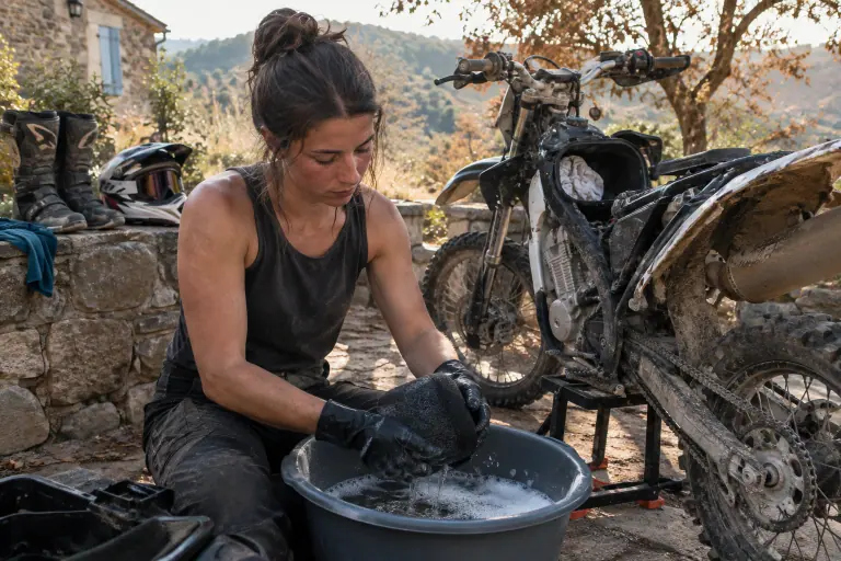 Une motarde lave le filtre à air en mousse de son enduro dans une bassine, sur la terrasse d’une maison en pierre d’Ardèche, selle déposée