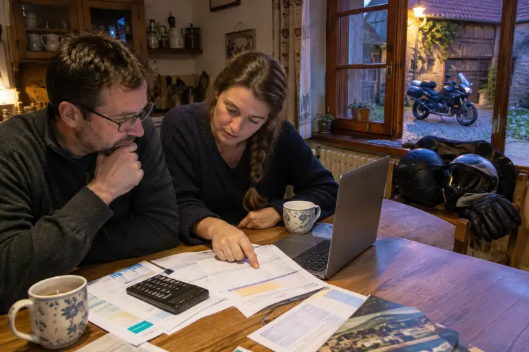 Un couple compare des offres de financement sur la table de la cuisine, deux casques posés sur une chaise et une moto garée dans la cour derrière la fenêtre