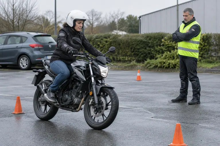 Sur l’aire d’entraînement d’une moto-école bretonne, une conductrice équipée roule au pas entre des cônes avec une 125, sous l’œil du formateur