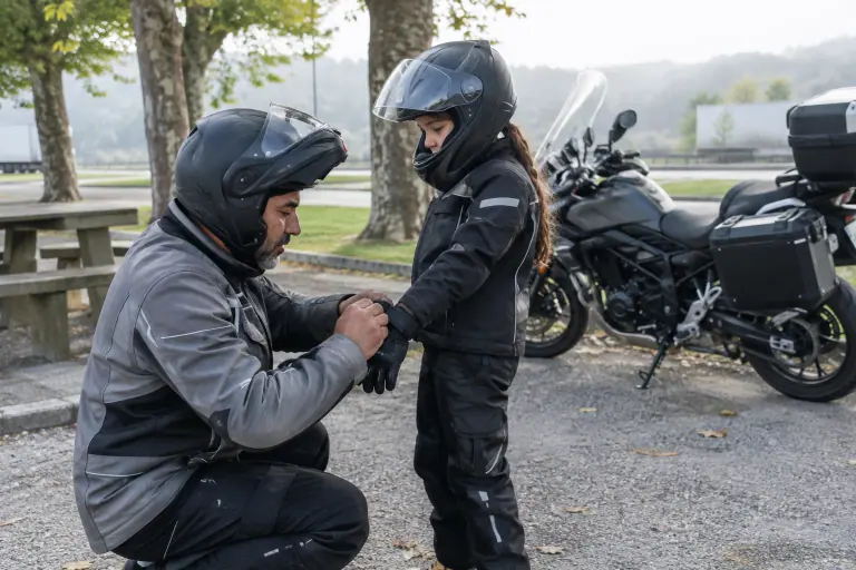 Sur une aire d’autoroute, un motard accroupi resserre la sangle des gants de sa fille passagère, casquée et équipée, devant une grosse routière