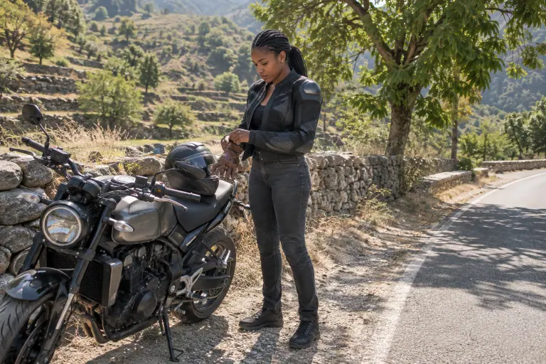 Une motarde en blouson mesh retire un gant court en cuir perforé à côté de son roadster garé sur une petite route des Cévennes en plein été