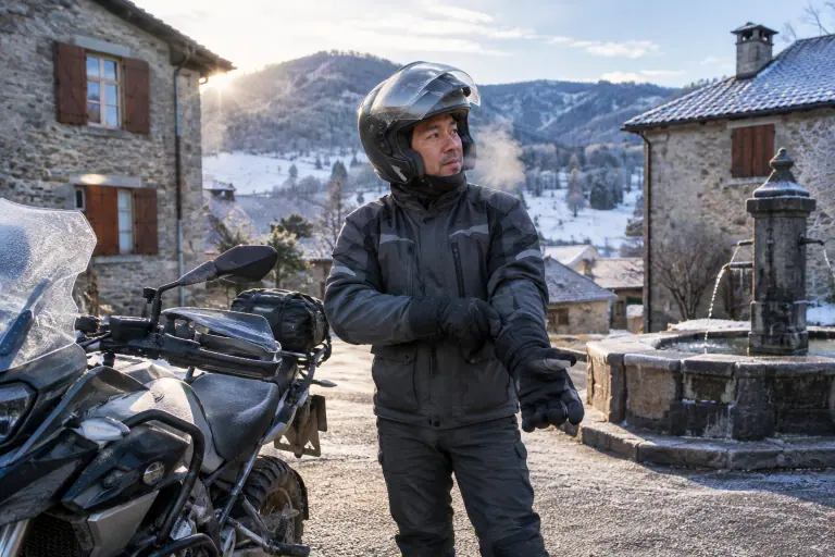 Dans un village du Vercors givré, un motard ajuste la longue manchette de son gant d’hiver par-dessus sa manche, à côté de son trail équipé de protège-mains