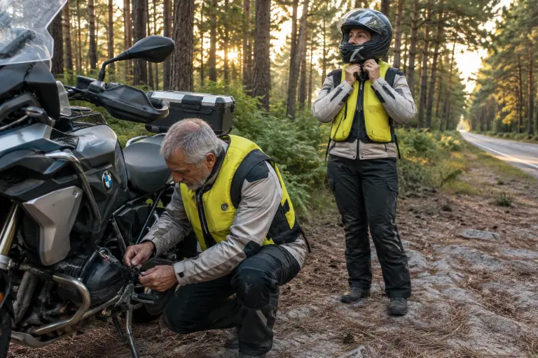 Un motard d’une soixantaine d’années accroche le câble de son gilet airbag jaune au cadre de son trail, sur un bas-côté sablonneux de la forêt des Landes