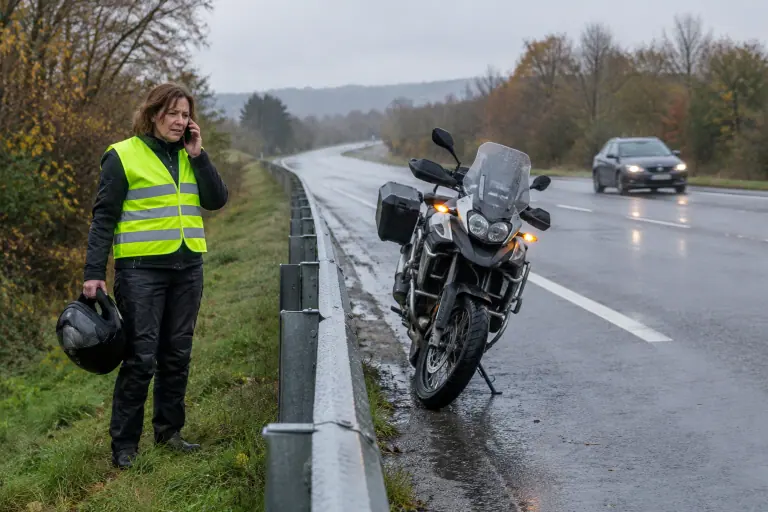 Une motarde en gilet jaune téléphone derrière la glissière d’une voie rapide sous la pluie, sa moto arrêtée feux de détresse allumés