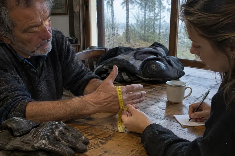 Sur une table de cuisine, un motard mesure le tour de sa main sans le pouce au mètre ruban, aidé de sa petite-fille, à côté de ses vieux gants en cuir