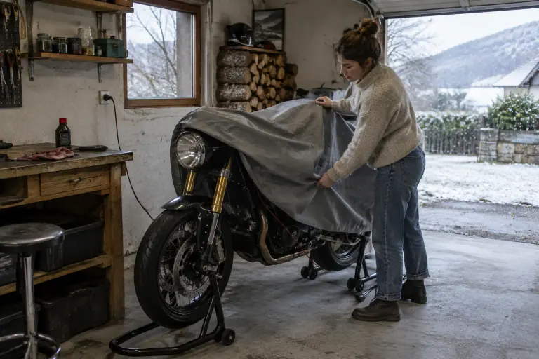 Dans un garage du Jura sous les premiers flocons, une jeune motarde couvre d’une housse respirante son café racer posé sur béquilles d’atelier