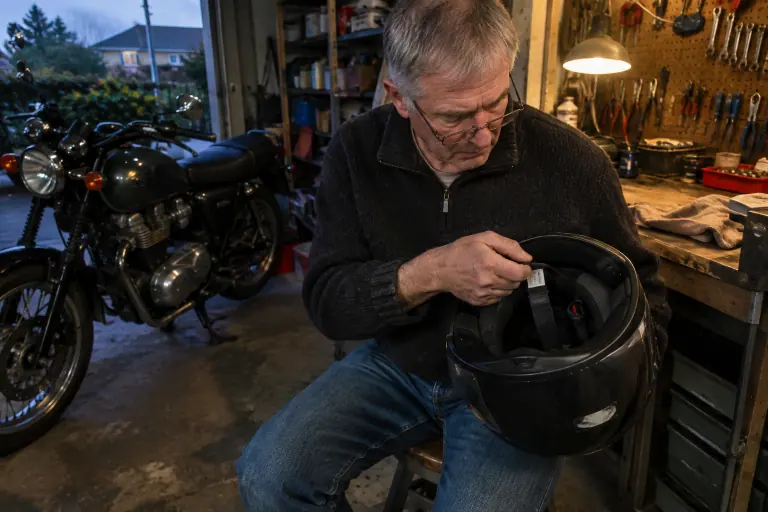 Dans son garage, un motard d’une soixantaine d’années retourne son casque intégral pour lire l’étiquette d’homologation cousue sur la jugulaire