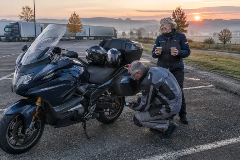 Sur une aire d’autoroute de Bourgogne à l’aube, un motard vérifie la pression du pneu arrière d’une grosse routière pendant que sa compagne tient les cafés