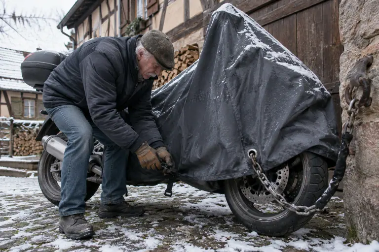 Dans une cour alsacienne enneigée, un motard âgé attache la sangle d’une housse extérieure sur sa routière, une chaîne passée dans un œillet