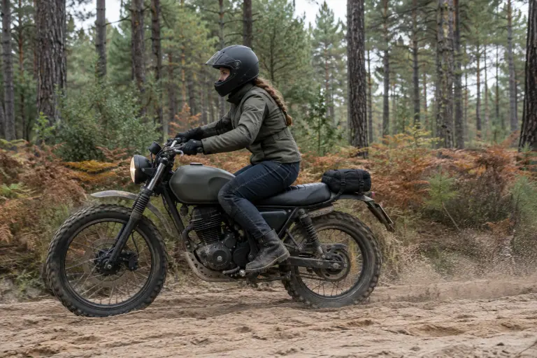 Une motarde roule au pas sur un chemin sablonneux de la forêt des Landes, sur un scrambler monocylindre épuré à phare rond et sac de selle