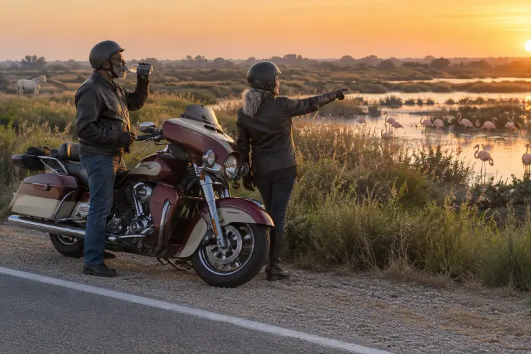 Au coucher du soleil en Camargue, un couple de retraités en casques jet s’arrête près d’un gros custom à garde-boue enveloppants et sacoches rigides