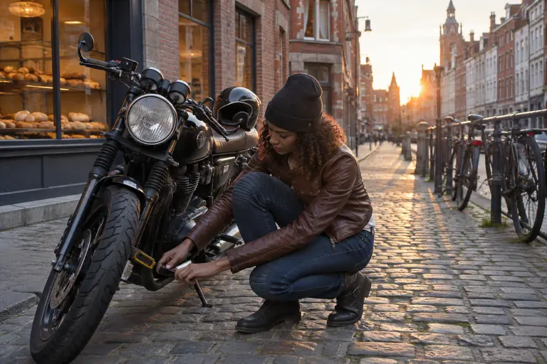 Dans une rue pavée de Lille, une jeune motarde en jean moto accroupie pose un bloque-disque sur son néo-rétro, la coque de genou visible sous la toile