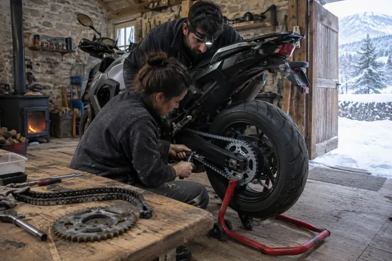 Deux amis rivent l’attache de la chaîne neuve d’une routière sportive dans une grange du Vercors en hiver, l’ancienne couronne usée sur l’établi