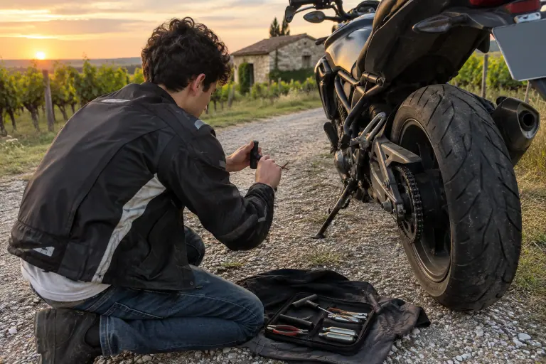 Au bord des vignes de la Loire, un jeune motard insère une mèche dans le pneu arrière tubeless de son roadster avec l’outil à poignée en T