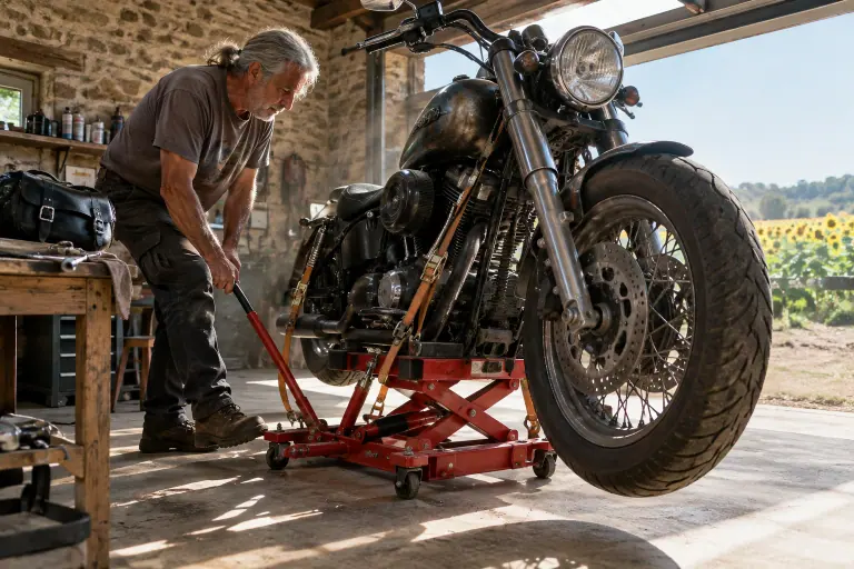 Dans un atelier du Gers, un motard soulève un gros custom avec un cric hydraulique à ciseaux placé sous le cadre et sanglé