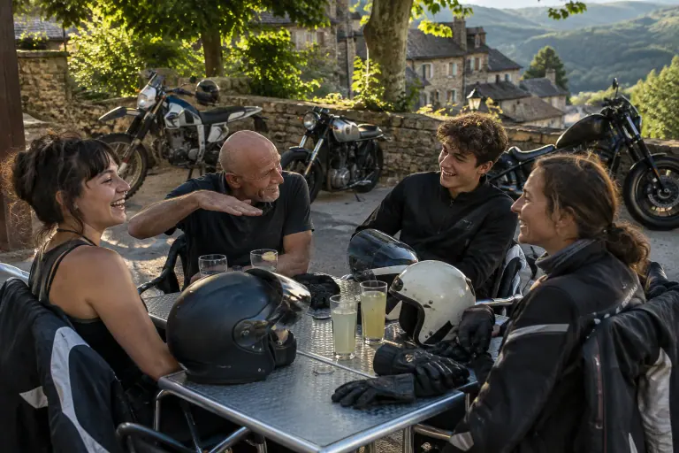 À la terrasse d’un café des Cévennes, quatre motards de tous âges discutent autour d’une table couverte de casques, motos garées le long d’un muret