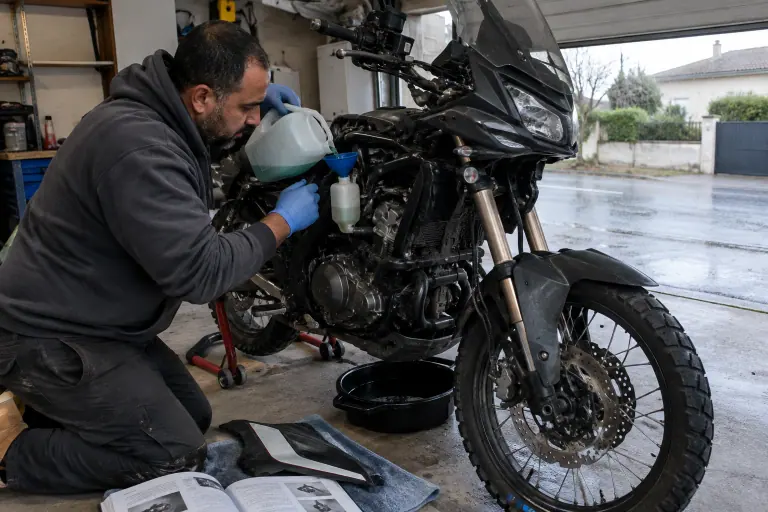 Dans le garage d’un pavillon près de Toulouse, un motard complète au petit entonnoir le vase d’expansion de son trail posé sur béquille