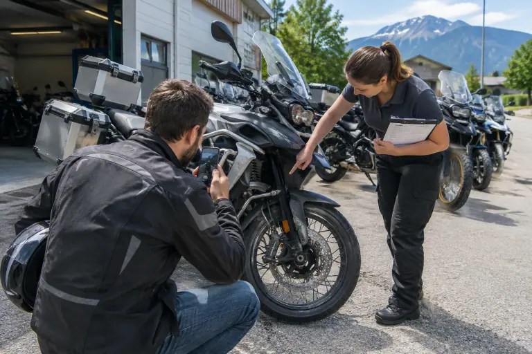 Devant un loueur de motos près d’Annecy, un motard photographie une rayure sur le carénage d’un trail pendant l’état des lieux avec l’employée