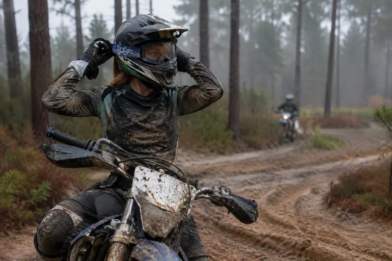 Dans la forêt des Landes, une enduriste assise sur sa moto boueuse ajuste la sangle de son masque cross sur son casque, sur une piste sablonneuse