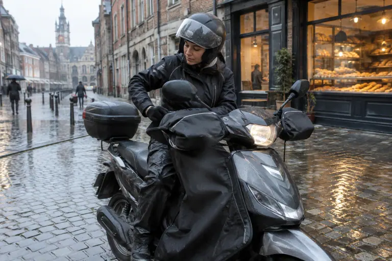 Par un matin de pluie dans le Vieux-Lille, une jeune femme glisse sa main gantée dans le manchon de son scooter 125 équipé d’un tablier