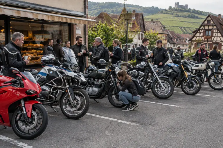 Sur le parking d’une boulangerie alsacienne, des motards discutent un dimanche matin devant une rangée de motos de styles et d’origines différents