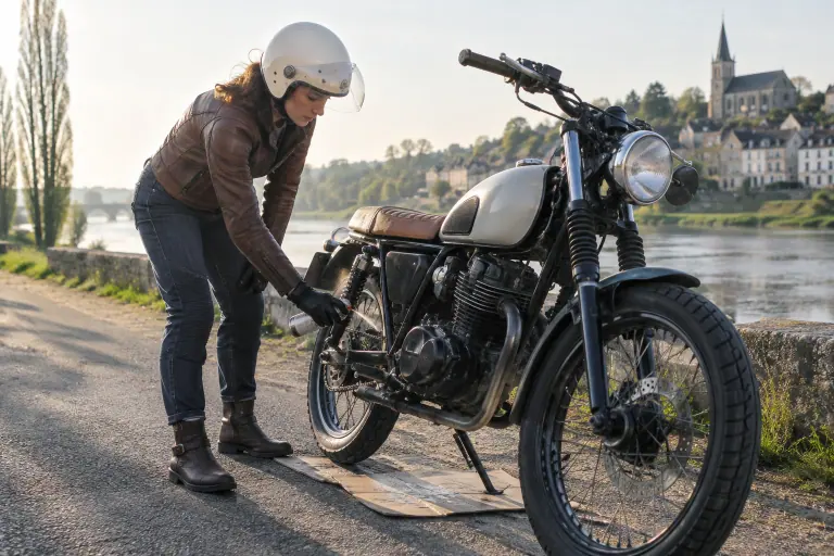 Au bord de la Loire près de Saumur, une jeune motarde graisse la chaîne de son petit roadster 125 néo-rétro à phare rond et roues à rayons