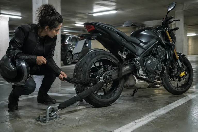 Dans un parking souterrain de résidence à Bordeaux, une motarde tend une grosse chaîne antivol entre le bras oscillant de son roadster et une ancre de sol