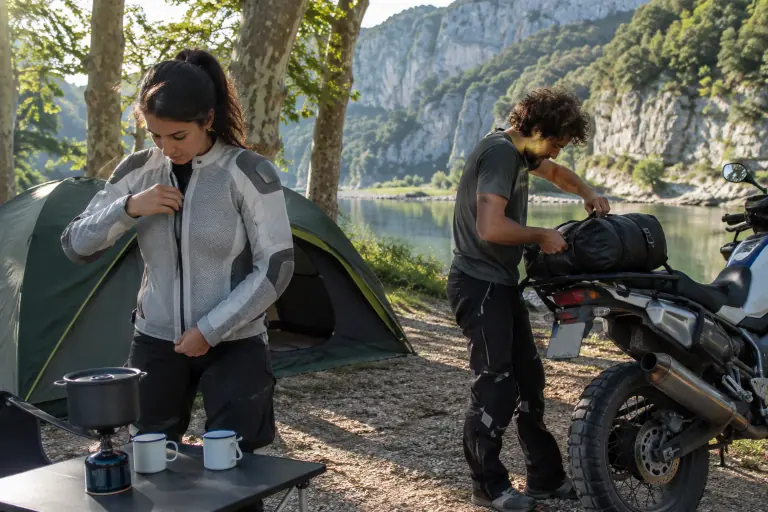 Au petit matin dans un camping des gorges de l’Ardèche, une motarde ferme son blouson mesh gris clair pendant que son compagnon charge leur trail