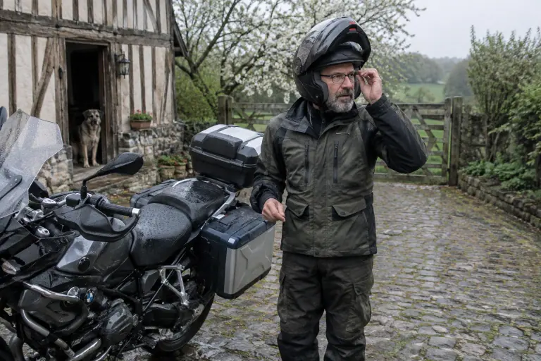 Dans la cour pavée d’une ferme normande, un motard remet ses lunettes, mentonnière de son casque modulable relevée, à côté de sa routière