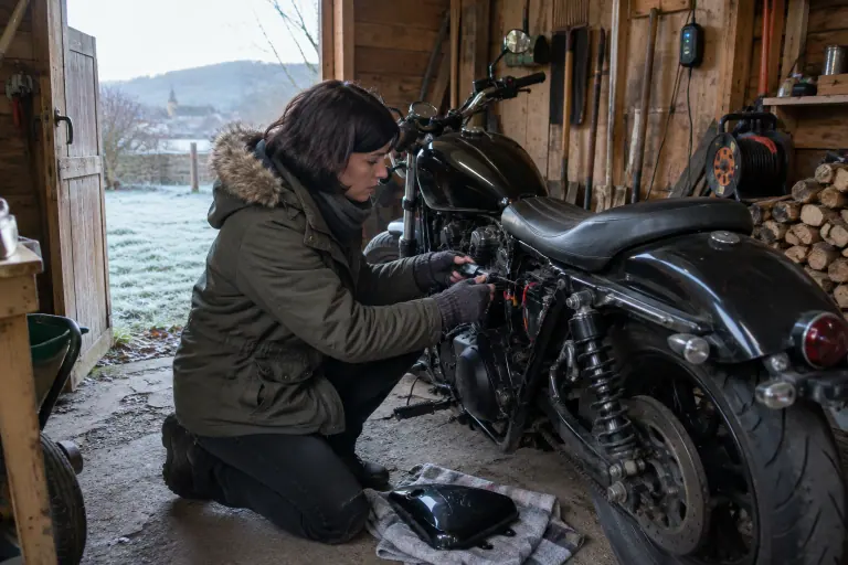 Dans un abri de jardin du Morvan en plein hiver, une motarde branche un petit mainteneur de charge sur le câble de batterie de son custom