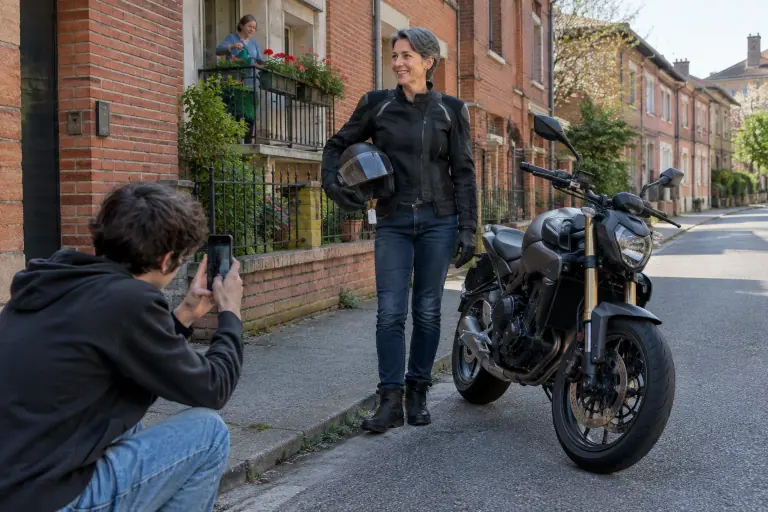 Dans une rue d’Albi, une motarde fraîchement équipée de la tête aux pieds pose à côté de sa première moto pendant que son fils la photographie