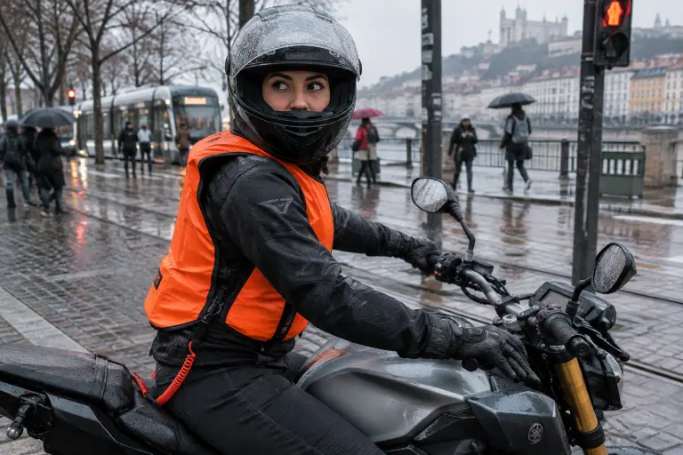 À un feu rouge sur les quais de Lyon sous la pluie, une motarde porte un gilet airbag filaire orange relié par son câble au cadre de son roadster
