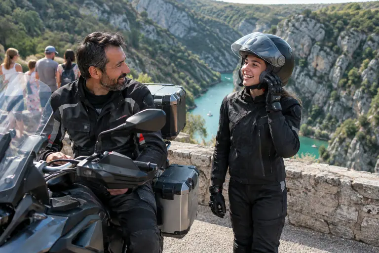 Au belvédère des gorges du Verdon, une adolescente équipée parle dans l’intercom de son casque à son père resté assis sur sa routière