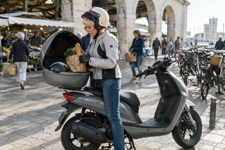 Devant le marché couvert de La Rochelle, une motarde range ses légumes et une baguette dans le top case ouvert de son scooter 125, à côté d’un second casque