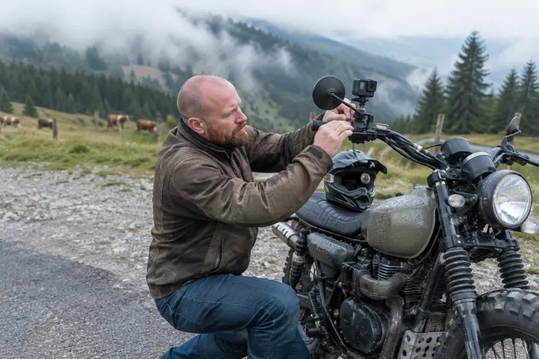 Sur une route de crête des Vosges noyée de brume, un motard fixe une petite caméra d’action sur le guidon de son scrambler, avec une dragonne de sécurité