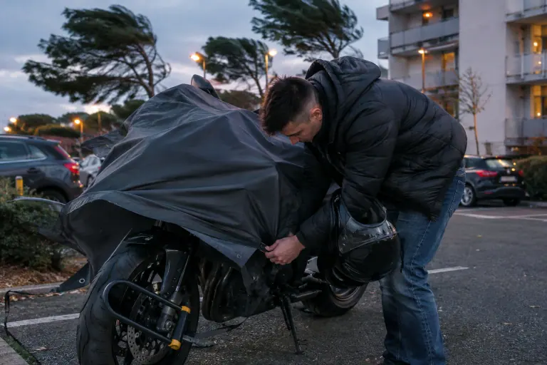 Sur le parking d’une résidence de Montpellier, un jeune motard tend une housse extérieure sur sa sportive par grand vent, l’antivol passé dans un œillet