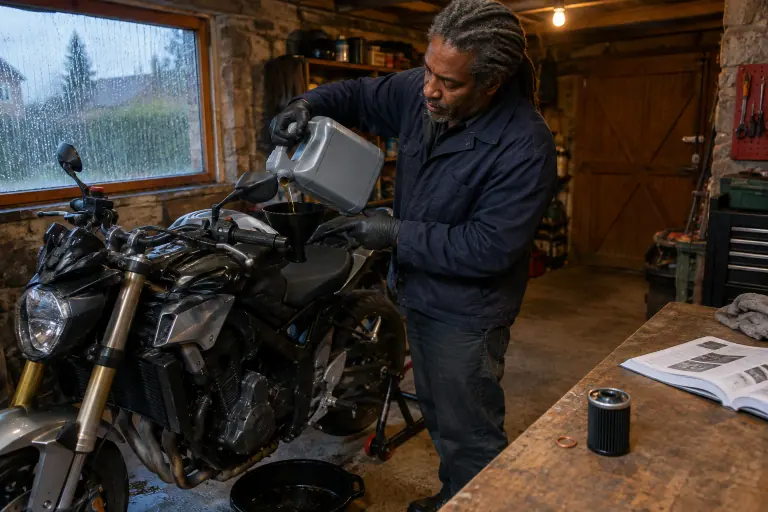 Dans un garage près de Limoges, un motard verse l’huile neuve dans le moteur de son roadster posé sur béquille d’atelier, un bac de vidange au sol