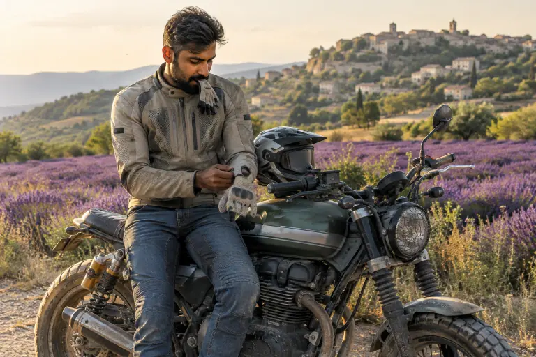 Au bord d’un champ de lavande du Luberon, un motard assis sur son scrambler serre la patte de poignet d’un gant d’été court en cuir perforé gris clair