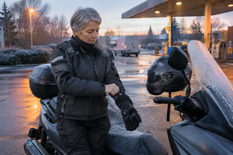 À l’aube sur une station-service près de Strasbourg, une motarde tire la longue manchette de son gant d’hiver sur sa manche avant de repartir en maxi-scooter