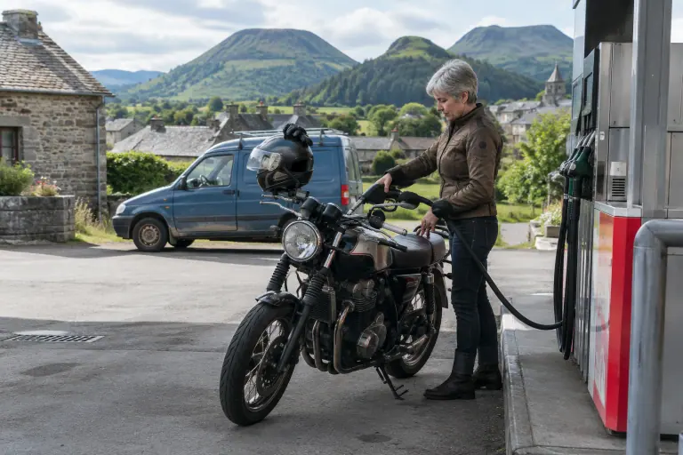 Une motarde d’une cinquantaine d’années fait le plein de son roadster néo-rétro dans une station de village en Auvergne, casque posé sur le rétroviseur