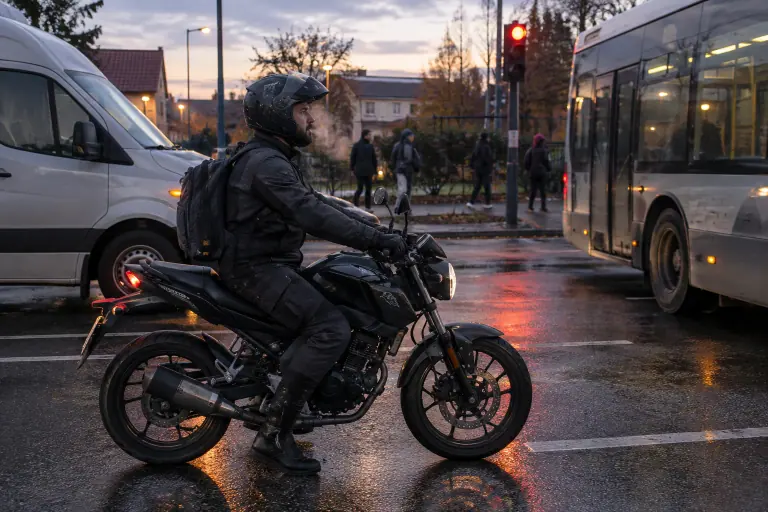 Un motard d’une quarantaine d’années, casque intégral visière relevée, attend au feu rouge sur un petit roadster 125 à l’aube, en banlieue de Toulouse