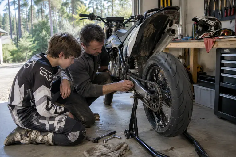 Un adolescent et son père contrôlent la tension de chaîne d’une moto 50 à vitesses de style supermotard, sur béquille d’atelier, dans un garage des Landes
