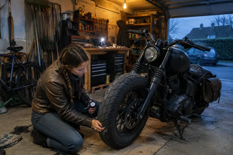 Dans le garage d’un pavillon, une jeune motarde agenouillée vérifie la pression du gros pneu avant de sa moto bobber noire à selle solo