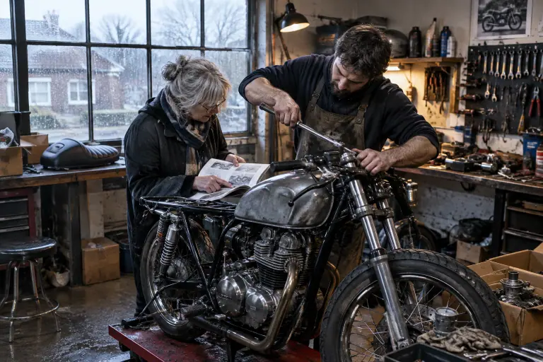 Dans un atelier partagé, un homme serre à la clé dynamométrique un bracelet de guidon sur une moto ancienne en cours de préparation café racer