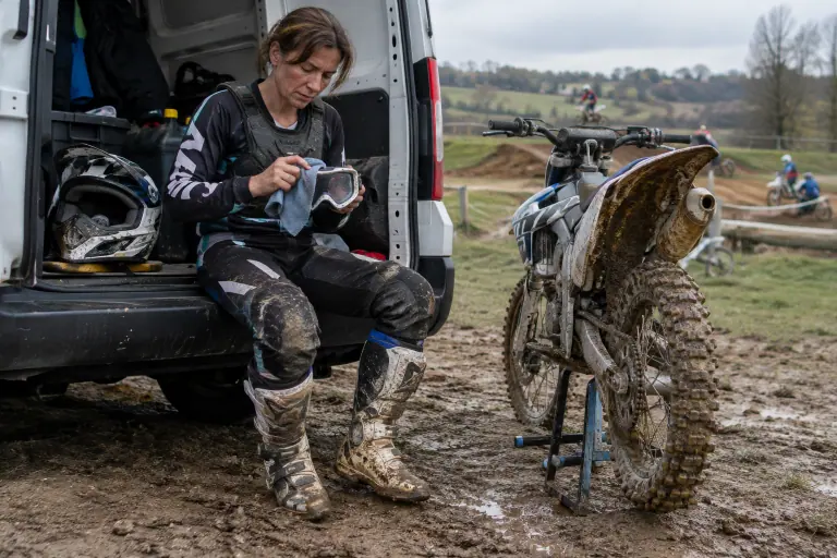 Une pilote en tenue de motocross nettoie son masque à l’arrière de son fourgon, sa moto cross boueuse posée sur un lève-moto au bord d’un terrain de club