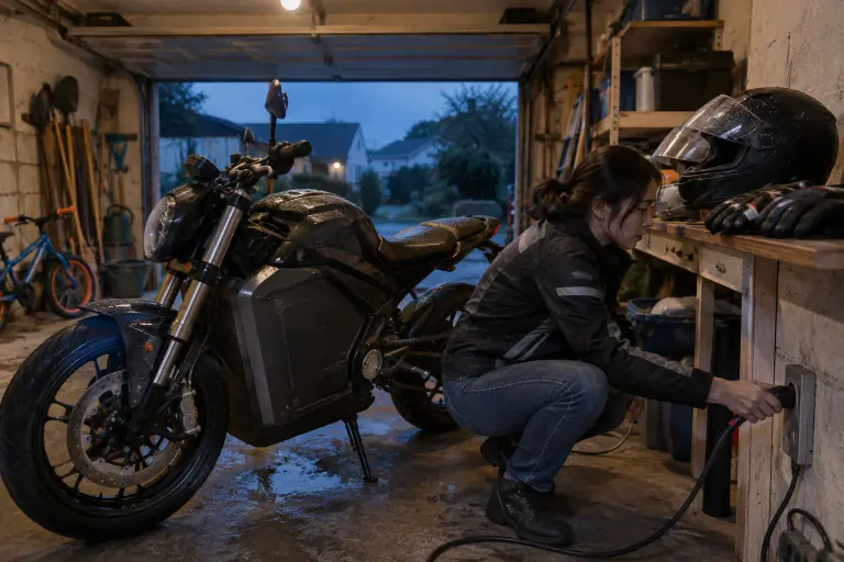 Une motarde accroupie branche le câble de recharge de sa moto électrique sans pot d’échappement sur une prise murale de son garage, un soir d’hiver