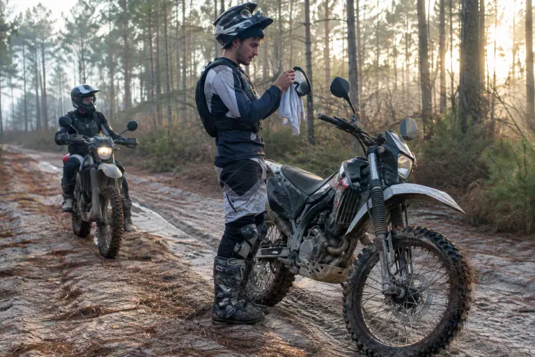 Un motard en pare-pierres, genouillères et bottes d’enduro essuie son masque près de sa moto homologuée, sur une piste sablonneuse de la forêt des Landes