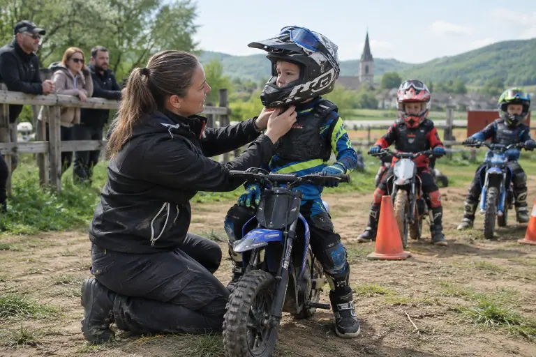 Une monitrice de club vérifie la jugulaire du casque d’un jeune garçon équipé de pied en cap, assis sur une petite moto cross électrique