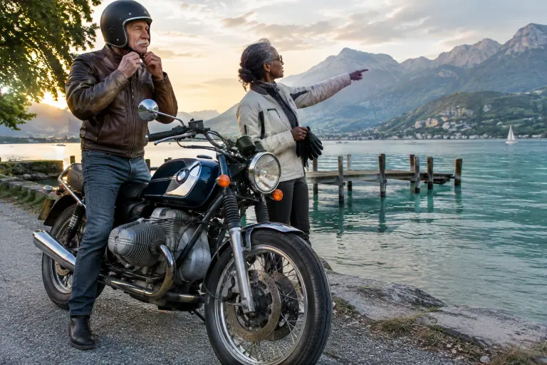 Au bord du lac d’Annecy, un motard âgé attache son casque jet à côté d’un roadster italien au bicylindre en V transversal, sa compagne montre les montagnes