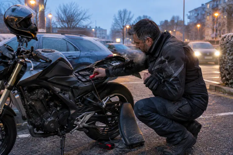 Un motard branche un booster sur la batterie de son roadster, selle déposée, sur un parking givré de Strasbourg à l’aube en plein hiver